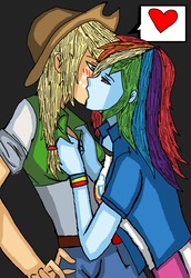 Size: 4600x6683 | Tagged: safe, artist:takrontoxicity, applejack, rainbow dash, human, equestria girls, g4, absurd resolution, clothes, cowboy hat, denim skirt, duo, female, freckles, hat, heart, kiss on the lips, kissing, lesbian, ship:appledash, shipping, skirt, stetson, surprise kiss