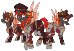 Size: 4424x3033 | Tagged: safe, artist:cutepencilcase, oc, oc only, changeling, armor, changeling oc, clothes, commission, fangs, hat, orange changeling, simple background, transparent background