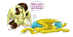 Size: 1280x659 | Tagged: safe, artist:whitehershey, oc, oc only, oc:white hershey, pegasus, pony, >:c, christmas, christmas lights, duo, female, frown, holiday, laughing, male, mare, simple background, stallion, transparent background