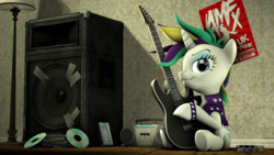 Size: 1920x1080 | Tagged: safe, artist:jarg1994, artist:jdash, rarity, pony, unicorn, g4, it isn't the mane thing about you, 3d, alternate hairstyle, clothes, electric guitar, female, guitar, guitarity, mare, musical instrument, poster, punk, raripunk, smiling, solo, source filmmaker, wallpaper