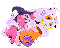 Size: 3242x2591 | Tagged: safe, artist:milkayart, pinkie pie, bat, earth pony, pony, g4, confetti, cute, female, halloween, hat, high res, holiday, jack-o-lantern, mare, party cannon, pumpkin, smiling, solo, witch hat