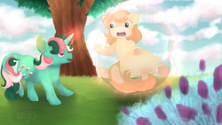 Size: 1024x576 | Tagged: safe, artist:suika999, cherries jubilee, fizzy, twinkle eyed pony, g1, bubble, cloud, flower, in bubble, leonine tail, magic, scenery, tree