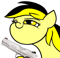 Size: 1266x1239 | Tagged: safe, artist:anonymous, oc, oc only, oc:leslie fair, /mlpol/, delet this, faic, gun, hoof hold, reaction image, simple background, smiling, smug, transparent background, weapon