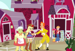 Size: 1028x700 | Tagged: safe, artist:jeffersonfan99, edit, apple bloom, applejack, big macintosh, granny smith, equestria girls, g4, bad edit, beauty and the beast, boots, buckled shoes, clothes, cowboy boots, cowboy hat, crossover, ewan mcgregor, fall formal, fall formal outfits, hat, lumiere, prom, rococo, shoes, style clash