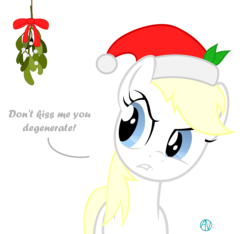 Size: 2200x2056 | Tagged: safe, edit, oc, oc only, oc:aryanne, earth pony, pony, aryan pony, christmas, dialogue, disgusted, do not want, female, frown, hat, high res, holiday, leaf, looking at you, mare, mistletoe, santa hat, simple background, smiling, transparent background, vector