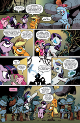 Size: 663x1020 | Tagged: safe, artist:andy price, idw, official comic, applejack, cave troll jim, pinkie pie, rainbow dash, rarity, twilight sparkle, cave troll, earth pony, pony, unicorn, g4, the return of queen chrysalis, spoiler:comic, spoiler:comic02, female, idw advertisement, magic, mare, rainbow dash is not amused, telekinesis, unamused, unicorn twilight