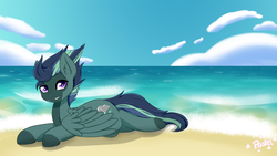 Size: 6000x3375 | Tagged: safe, artist:pastel-pony-princess, oc, oc only, pegasus, pony, beach, ocean, prone, sand, solo, water