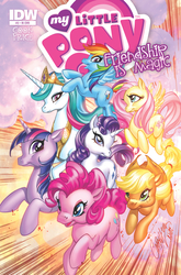 Size: 659x1000 | Tagged: safe, artist:j. scott campbell, idw, official comic, applejack, fluttershy, pinkie pie, princess celestia, rainbow dash, rarity, twilight sparkle, alicorn, earth pony, pegasus, pony, unicorn, g4, spoiler:comic, backwards cutie mark, cover, female, flying, looking at you, mane six, mare, running