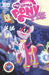 Size: 659x1000 | Tagged: safe, artist:tony fleecs, idw, official comic, owlowiscious, spike, twilight sparkle, dragon, owl, parasprite, pony, unicorn, g4, spoiler:comic, clothes, costume, cover, female, flying, looking up, male, mare, mask, moon, superhero