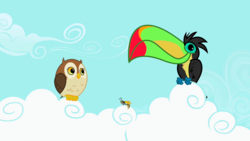 Size: 1280x720 | Tagged: safe, screencap, bird, insect, keel-billed toucan, owl, toucan, wasp, g4, may the best pet win, animal, cloud, on a cloud, perching, sitting on a cloud