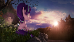 Size: 1920x1080 | Tagged: safe, artist:redaceofspades, starlight glimmer, pony, unicorn, g4, 3d, castle, female, mare, rear view, scenery, solo, source filmmaker, sunrise, tree