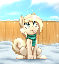 Size: 2422x2587 | Tagged: safe, artist:otakuap, oc, oc only, original species, clothes, commission, high res, hooves, looking up, paws, scarf, sitting, snow, solo, tongue out, ych result