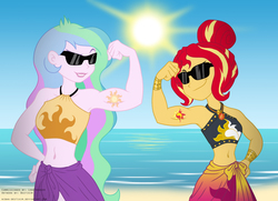 Size: 1309x950 | Tagged: safe, artist:niban-destikim, princess celestia, principal celestia, sunset shimmer, equestria girls, equestria girls series, g4, alternate hairstyle, alternative cutie mark placement, armpits, beach, biceps, bikini, bracelet, catasterism, clothes, commission, cutie mark tattoo, duo, flexing, geode of empathy, hair up, jewelry, magical geodes, muscles, praise the sun, praise the sunset, princess musclestia, principal musclestia, sarong, summer sunset, sunglasses, sunset lifter, sunshine shimmer, swimsuit, tattoo
