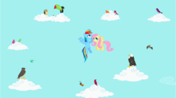 Size: 1282x720 | Tagged: safe, screencap, constance, fluttershy, rainbow dash, bald eagle, bat, bird, butterfly, eagle, falcon, hummingbird, insect, keel-billed toucan, monarch butterfly, owl, pegasus, peregrine falcon, pony, songbird, toucan, wasp, g4, may the best pet win, animal, cloud, cutie mark, female, flying, hooves, mare, on a cloud, sitting on a cloud, sky, wings