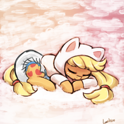 Size: 500x500 | Tagged: safe, artist:lumineko, edit, applejack, earth pony, pony, g4, applecat, behaving like a cat, cat hoodie, cute, diaper, diaper edit, eyes closed, female, jackabetes, licking, non-baby in diaper, poofy diaper, prone, solo, tongue out