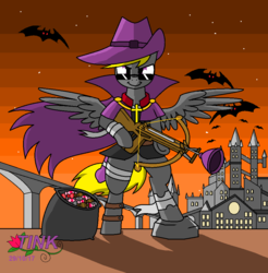 Size: 944x958 | Tagged: safe, artist:pencil bolt, oc, oc:pencil bolt, pony, character to character, crossover, halloween, holiday, theponyfuture, vampire hunter