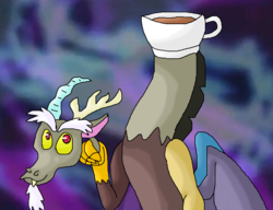 Size: 840x644 | Tagged: safe, artist:mojo1985, discord, draconequus, g4, abstract background, cup, discord being discord, looking up, male, modular, smiling, solo, teacup, wat