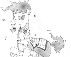 Size: 1024x814 | Tagged: safe, artist:drcool13, pony, clothes, evil smile, flaming tail, fragments, grayscale, grin, male, mane of fire, monochrome, ponified, scanned, shadow fight 2, smiling, solo, traditional art, volcano (sf2), volcano pony, watermark
