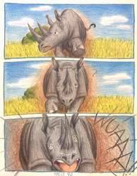 Size: 1068x1376 | Tagged: safe, artist:thefriendlyelephant, oc, oc only, oc:grumpy the rhino, black rhinoceros, rhinoceros, comic:sable story, africa, barely pony related, bush, cloud, comic, dust, grass, horns, question mark, running, savanna, this will end in pain, traditional art