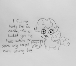 Size: 1577x1370 | Tagged: safe, artist:tjpones, pinkie pie, earth pony, pony, g4, candy, fat, female, food, lineart, pudgy pie, sketch, solo, traditional art