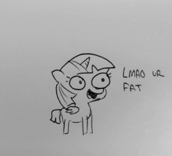 Size: 1593x1440 | Tagged: safe, artist:tjpones, twilight sparkle, alicorn, pony, sparkles! the wonder horse!, g4, chibi, female, lineart, lmao, lol ur fat, mare, open mouth, rude, sketch, smiling, solo, traditional art, twibitch sparkle, twilight sparkle (alicorn), ur, wide eyes