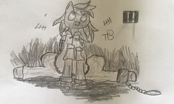 Size: 3261x1952 | Tagged: safe, artist:tinybranch, rainbow dash, pony, g4, chains, clothes, female, pencil drawing, prison, prison outfit, prisoner rd, sad, solo, traditional art