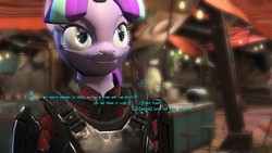 Size: 1600x900 | Tagged: safe, artist:alushythetyrant, screencap, starlight glimmer, anthro, g4, 3d, dialogue choices, diamond city, fallout, fallout 4, fallout equestria 4 mod, female, game mod, n7 armor