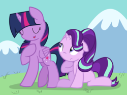 Size: 2000x1500 | Tagged: safe, artist:latie, starlight glimmer, twilight sparkle, alicorn, pony, unicorn, g4, duo, eyes closed, female, mare, open mouth, raised hoof, sitting, smiling, standing, twilight sparkle (alicorn)
