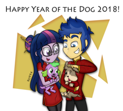 Size: 1024x925 | Tagged: safe, artist:ro994, banana (g4), flash sentry, sci-twi, spike, spike the regular dog, twilight sparkle, dog, equestria girls, equestria girls series, g4, 2018, banana, chinese new year, female, food, male, ship:flashlight, ship:sci-flash, shipping, straight, watermark, year of the dog