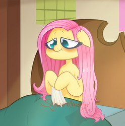 Size: 1466x1479 | Tagged: safe, artist:sylviathecrazygirl, fluttershy, pony, g4, bed, female, floppy ears, long mane, mare, sick, solo, tissue