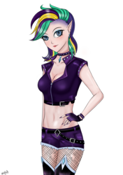 Size: 2039x2894 | Tagged: safe, artist:mdeltar, rarity, human, g4, it isn't the mane thing about you, alternate hairstyle, belly button, boots, breasts, cleavage, elf ears, female, high res, humanized, midriff, punk, raripunk, shoes, simple background, solo, thigh boots, white background