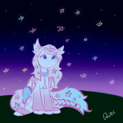 Size: 1000x1000 | Tagged: safe, artist:pastel-pony-princess, oc, oc only, oc:pastel princess, alicorn, bat pony, bat pony alicorn, pony, bow, solo, starry night, stars, tail bow