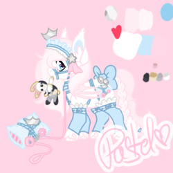 Size: 512x512 | Tagged: safe, artist:pastel-pony-princess, oc, oc only, oc:sylphie, bat pony, pony, bat pony oc, bell, bow, bridle, cat bell, collar, headdress, heart eyes, leg warmers, pillow, solo, tack, tail bow, wingding eyes
