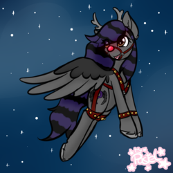 Size: 1024x1024 | Tagged: safe, artist:pastel-pony-princess, oc, oc only, oc:rune riddle, pegasus, pony, animal costume, antlers, costume, flying, red nose, reindeer costume, snow, snowfall, solo, unshorn fetlocks