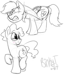 Size: 1312x1522 | Tagged: safe, artist:binkyt11, derpibooru exclusive, rainbow dash, the unconditioner, earth pony, pegasus, pony, g4, 2017, balancing, blushing, female, fleas, glasses, henchmen, itchy, male, mare, monochrome, scratching, simple background, sketch, sketch dump, stallion, white background