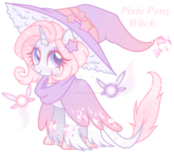 Size: 1599x1409 | Tagged: safe, artist:magicdarkart, oc, oc only, classical unicorn, fairy, pony, unicorn, female, hat, horn, leonine tail, magic, mare, simple background, solo, transparent background, unshorn fetlocks, watermark, witch hat, wizard hat