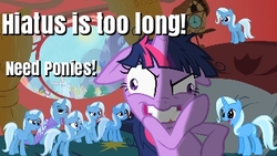 Size: 360x203 | Tagged: safe, edit, edited screencap, screencap, trixie, twilight sparkle, g4, lesson zero, bronybait, cape, clothes, dialogue, hiatus, insanity, library, messy mane, multeity, picture for breezies, so much pony, too less trixie, trixie army, trixie's cape, twilight snapple
