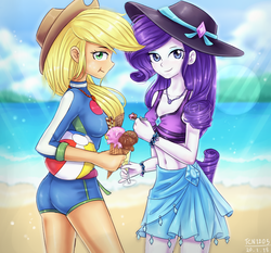 Size: 1500x1400 | Tagged: safe, artist:tcn1205, applejack, rarity, human, equestria girls, equestria girls specials, g4, my little pony equestria girls: better together, my little pony equestria girls: forgotten friendship, applebutt, applejack's hat, beach, belly button, clothes, cowboy hat, duo, female, food, hat, humanized, ice cream, lesbian, looking at you, midriff, pony coloring, ship:rarijack, shipping, stupid sexy applejack, stupid sexy rarity, sun hat, swimsuit