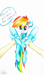 Size: 1882x3185 | Tagged: safe, artist:liaaqila, rainbow dash, human, pegasus, pony, g4, angry, cross-popping veins, cute, dashabetes, dialogue, female, holding a pony, liaaqila is trying to murder us, liaaqila is trying to murder us with dashabetes, looking at you, mare, simple background, traditional art