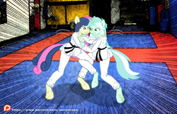 Size: 3714x2401 | Tagged: safe, artist:ponymaan, bon bon, lyra heartstrings, sweetie drops, earth pony, anthro, unguligrade anthro, g4, cleavage, duo, duo female, female, fight, high res, judo, patreon, patreon logo, sports, wrestling