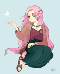 Size: 869x1083 | Tagged: safe, artist:dusty-munji, fluttershy, butterfly, human, equestria girls, g4, clothes, female, jacket, jewelry, long skirt, necklace, sandals, sitting, skirt, solo, witch