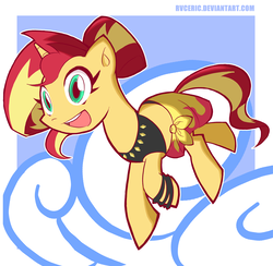 Size: 1365x1330 | Tagged: safe, artist:rvceric, sunset shimmer, pony, unicorn, equestria girls, equestria girls specials, g4, my little pony equestria girls: better together, my little pony equestria girls: forgotten friendship, clothes, female, mare, open mouth, sarong, skirt, smiling, solo, summer sunset, swimsuit