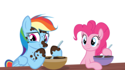 Size: 1024x575 | Tagged: safe, artist:rachelclaraart, pinkie pie, rainbow dash, pony, g4, baking, base used, bowl, dirty, duo, simple background, spoon, transparent background