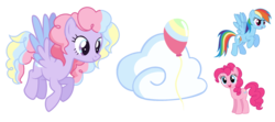 Size: 1024x453 | Tagged: safe, artist:farg2003, pinkie pie, rainbow dash, oc, oc:color balloon, earth pony, pegasus, pony, g4, colored wings, colored wingtips, cutie mark, female, fusion, fusion:cloud balloon, mare, multicolored eyes, ship:pinkiedash, simple background, transparent background