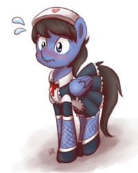 Size: 1024x1280 | Tagged: safe, artist:sugar morning, oc, oc only, oc:blue violet, pegasus, pony, adorkable, apron, clothes, cute, dork, dress, female, lace, lip bite, maid, maid headdress, mare, ribbon, shoes, simple background, sketch, socks, solo, sweat, transparent background