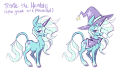 Size: 1280x711 | Tagged: safe, artist:janegumball, trixie, classical unicorn, pony, unicorn, g4, cape, clothes, cloven hooves, female, g5 concept leak style, hat, horn, leonine tail, mare, simple background, solo, trixie's cape, trixie's hat, unshorn fetlocks, white background
