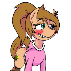 Size: 1200x1200 | Tagged: safe, artist:skeletonburglar, oc, oc only, oc:morning wood, pony, blushing, clothes, hoodie, looking offscreen, seductive grin, simple background, smiling, solo, stockings, thigh highs, white background
