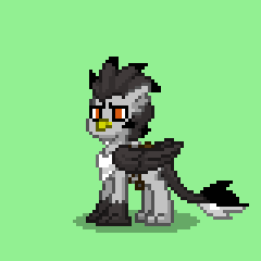 Size: 240x240 | Tagged: safe, oc, oc only, oc:gordon (griffon), griffon, pony, pony town, bag, beak, bushy tail, chest tuft, claws, dark feathers, male, obscured object, orange eyes, paws, pixel art, pouch, serious, serious face, sprite, tail, tufts, wings