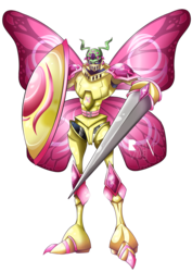 Size: 723x1023 | Tagged: safe, artist:allocen, fluttershy, g4, butterfly wings, crossover, digimon, dukemon, emperorgallantmon, flutterfly, lance, pink wings, shield, simple background, transparent background, weapon, wormmon