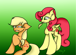 Size: 1024x740 | Tagged: safe, artist:chloeshy, applejack, strawberry sunrise, earth pony, pegasus, pony, g4, duo, feather, female, mare, mouth hold, tickling